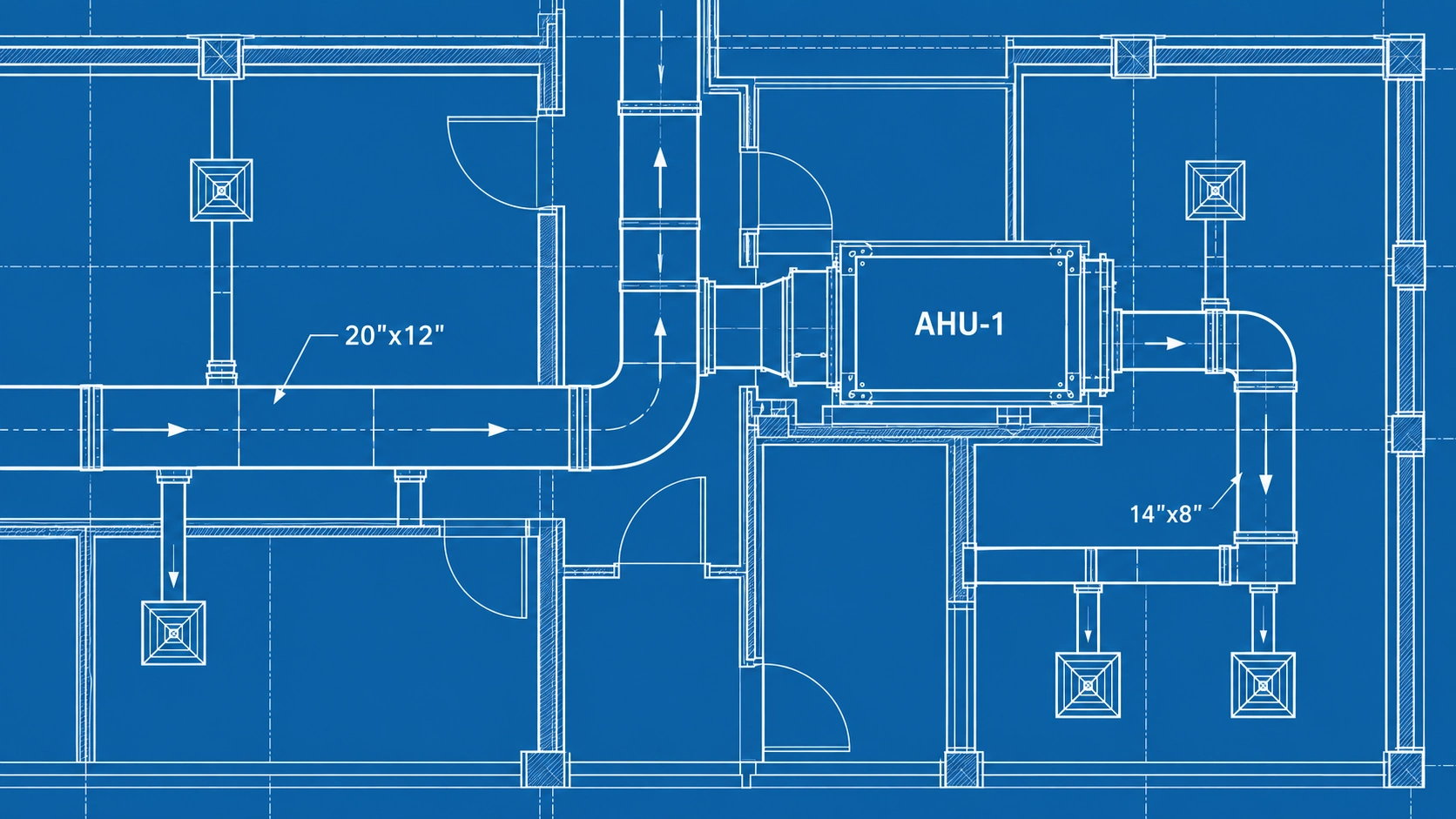 Sample HVAC blueprint close-up with sharp white ductwork and equipment linework on a blue background