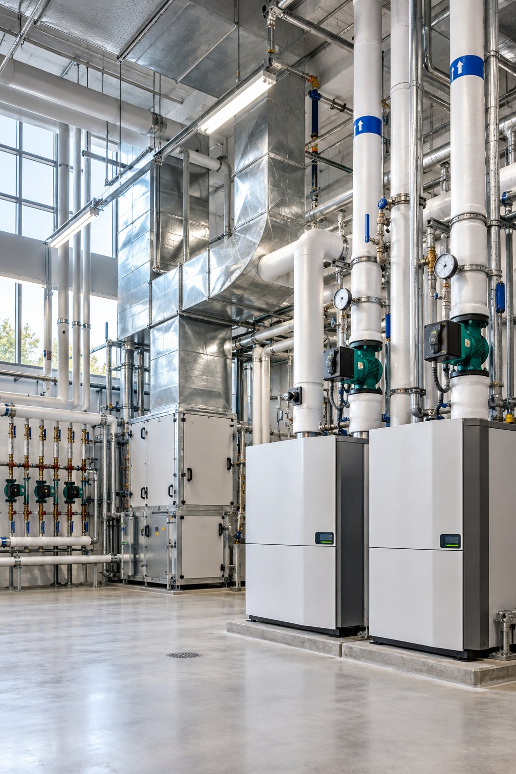 Illustrative commercial HVAC mechanical room with ductwork and hydronic equipment